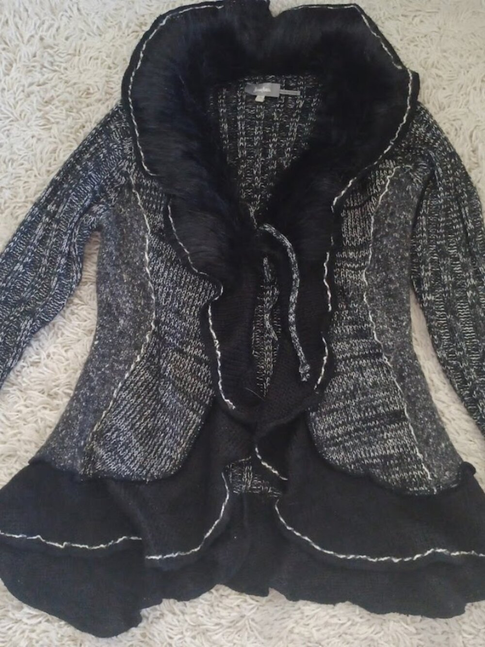 Neiman Marcus Black Gray Marled Knit Faux Fur Ruffle Cardigan Sweater Jacket – S